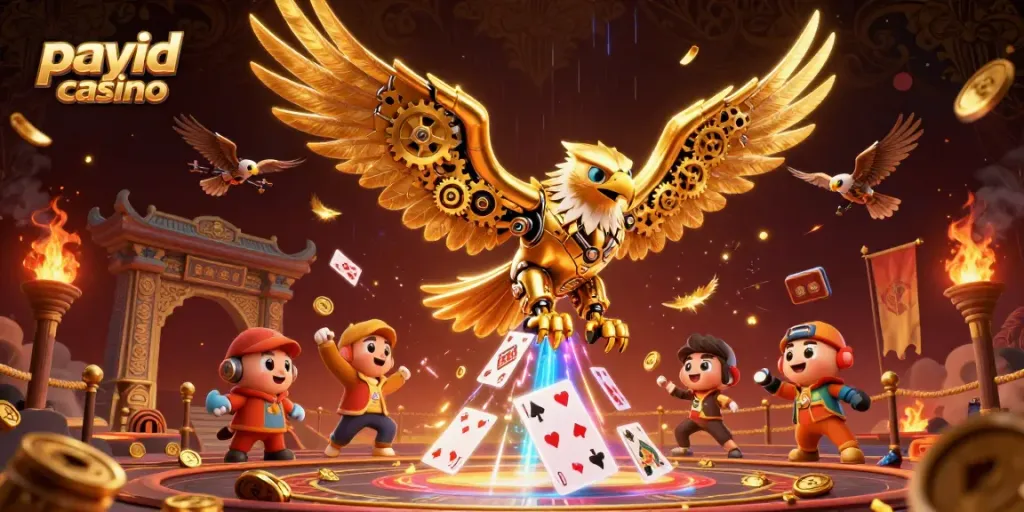 Dive into excitement at a payid casino with a cybernetic eagle amidst holographic cards and dynamic elements.