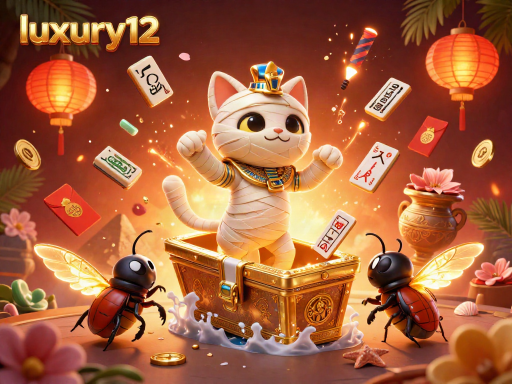 Experience luxury12 excitement with a mummy cat and glowing scarab in a vibrant casino scene.