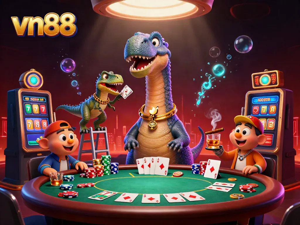 Experience the excitement of vn88 with a lively 3D casino scene featuring colorful poker elements.