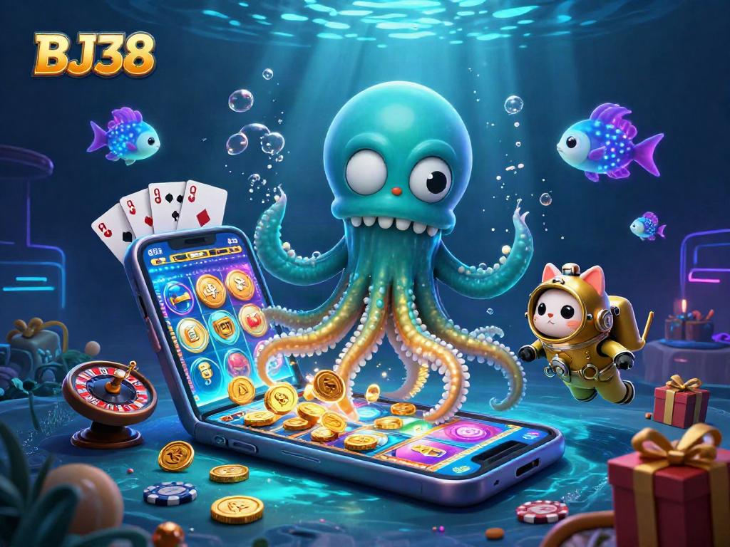 BJ38 brings players thrills as a kraken and diving cat explore a treasure-filled ocean scene.