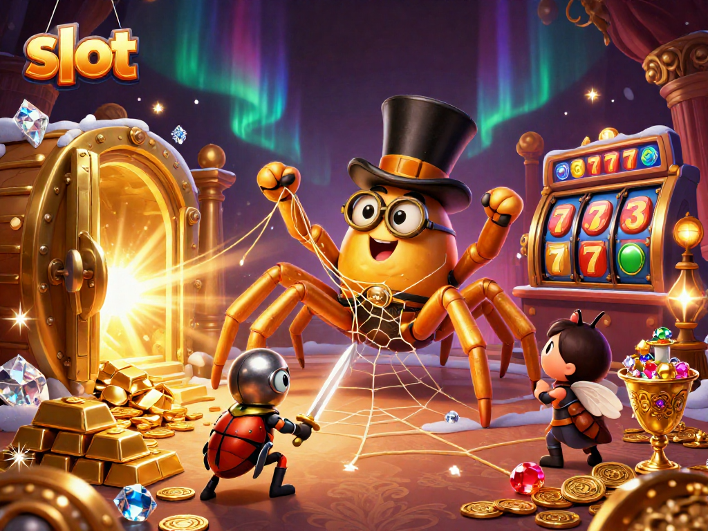 Bertarung untuk jackpot, slot dengan pembawa keberuntungan di antara tumpukan koin emas dan permata.