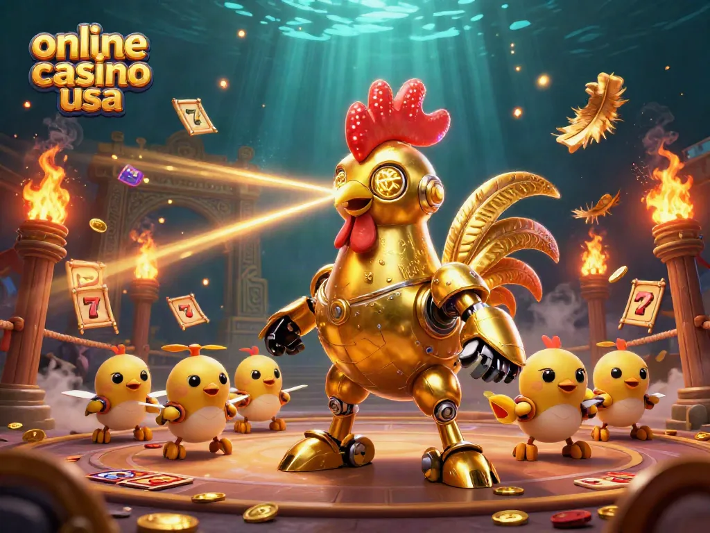 Engage with online casino usa's dynamic scene featuring a retro-futuristic robot and baby chick drones amidst glittering game elements.