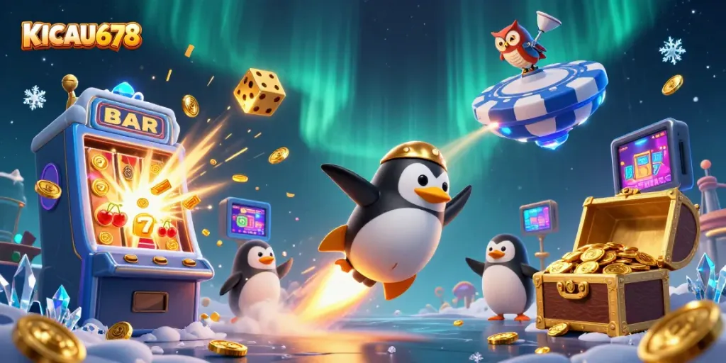 KICAU678 promotion showcasing a golden penguin navigating a casino-themed space, exploding with slot machine rewards.