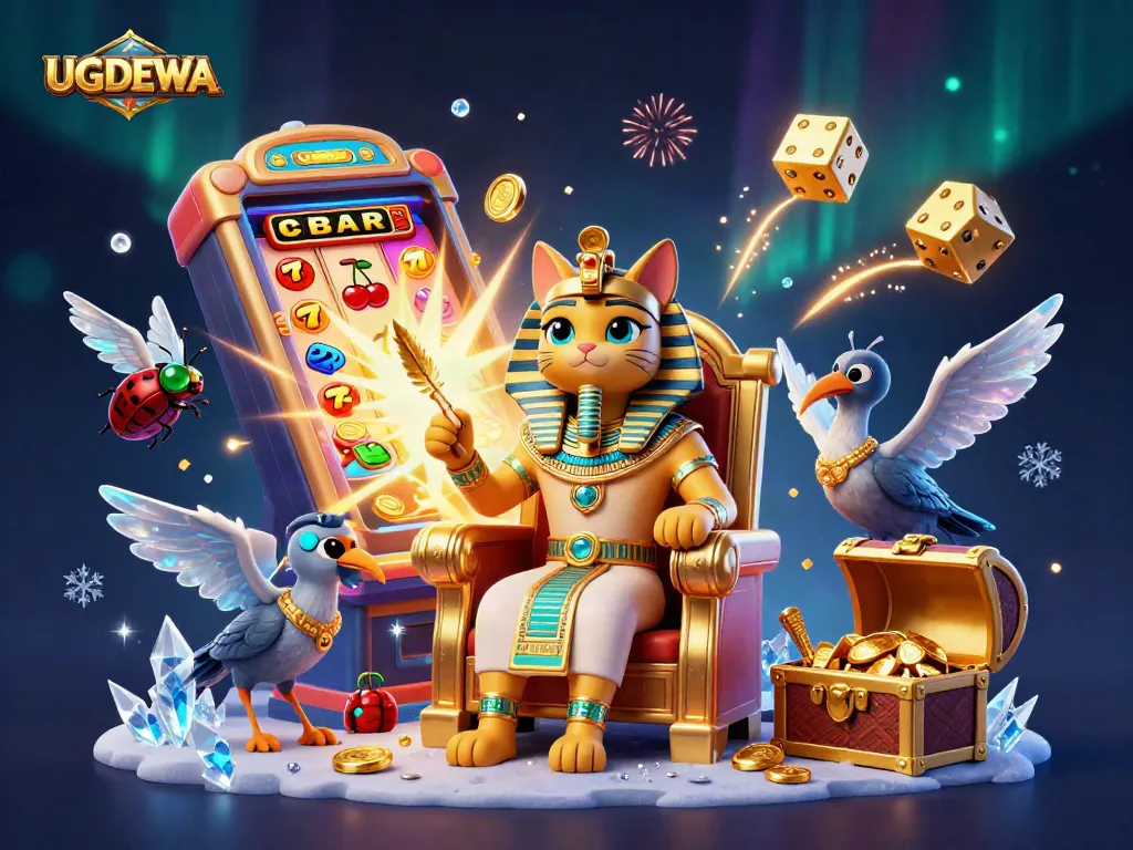 Play and win at UGDEWA with this vibrant scene of a pharaoh cat, slot machine, and casino elements.