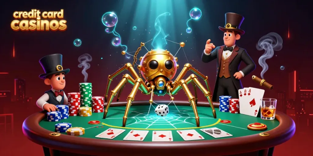 Experience the thrill at credit card casinos with vibrant gaming elements and whimsical characters.