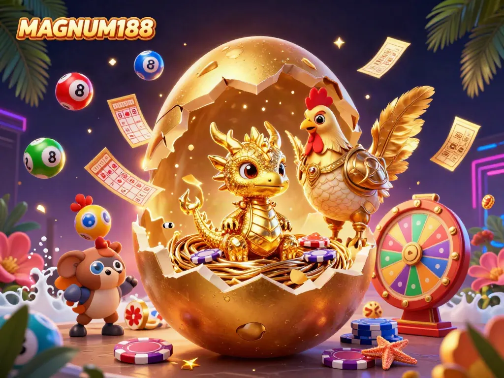 Experience thrilling wins with MAGNUM188 through this vibrant golden casino scene featuring dynamic gaming elements.