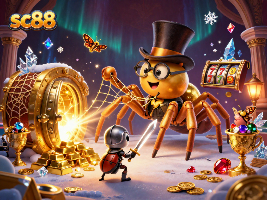 Engage with sc88's vibrant 3D casino scene featuring a giant tarantula and beetle knight.