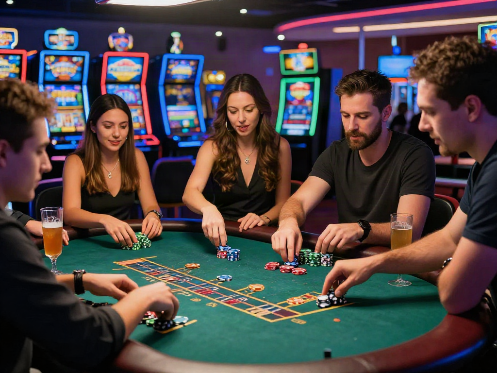 Exciting hargatoto gaming scene with friends at a vibrant casino table