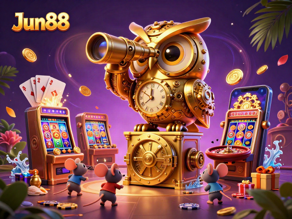 Jun88 showcases an exciting casino scene with a clockwork owl and dynamic slot elements.