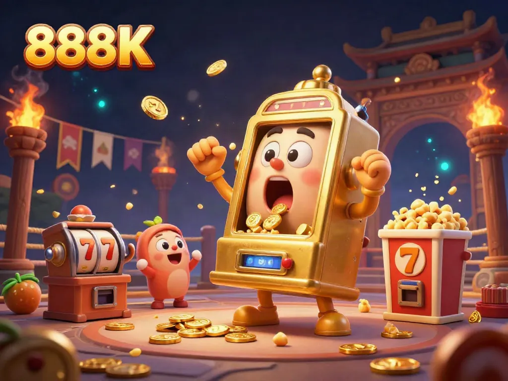 Cheer with 888K as cartoon slot machines celebrate a jackpot win in a vibrant casino scene.