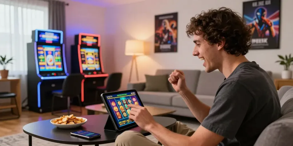Exciting player enjoying slot resmi games on tablet in a modern living room.