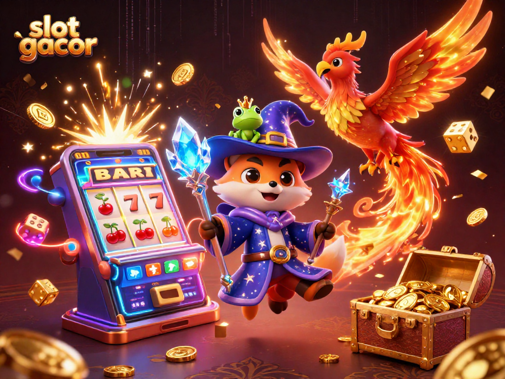 Slot gacor memukau dalam ilustrasi 3D, menampilkan penyihir, phoenix, dan elemen permainan kasino.