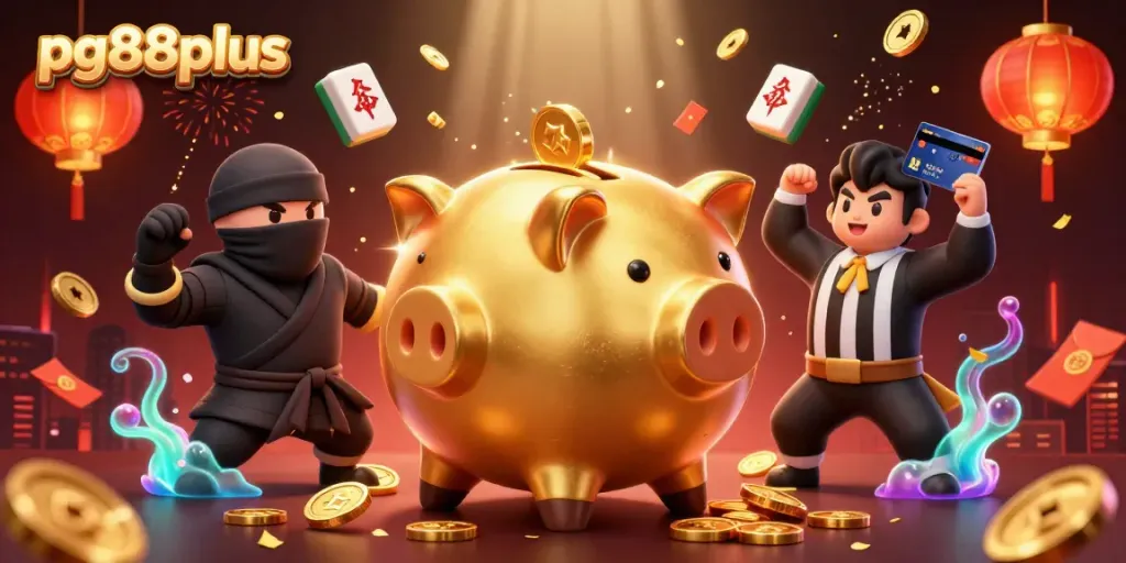 pg88plus game scene featuring animated golden piggy bank and ninja characters amidst vibrant casino elements