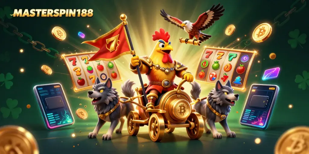 Experience thrill at MASTERSPIN188 with a vibrant 3D illustration of game features and adventure.