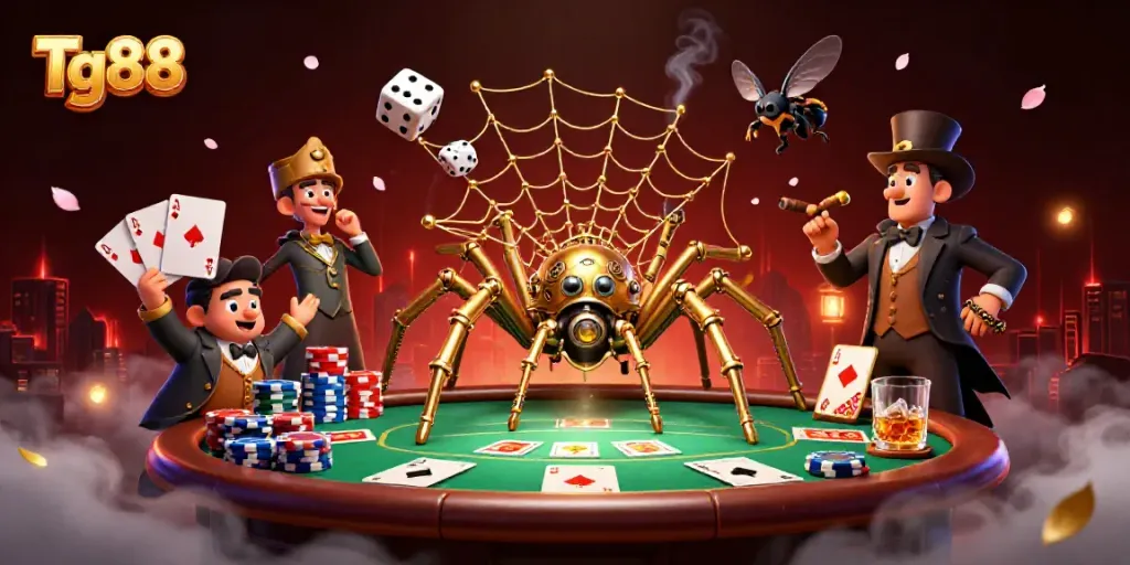 Tg88 showcases a playful steampunk spider and dice in a dynamic casino scene, highlighting excitement and gaming tactics.