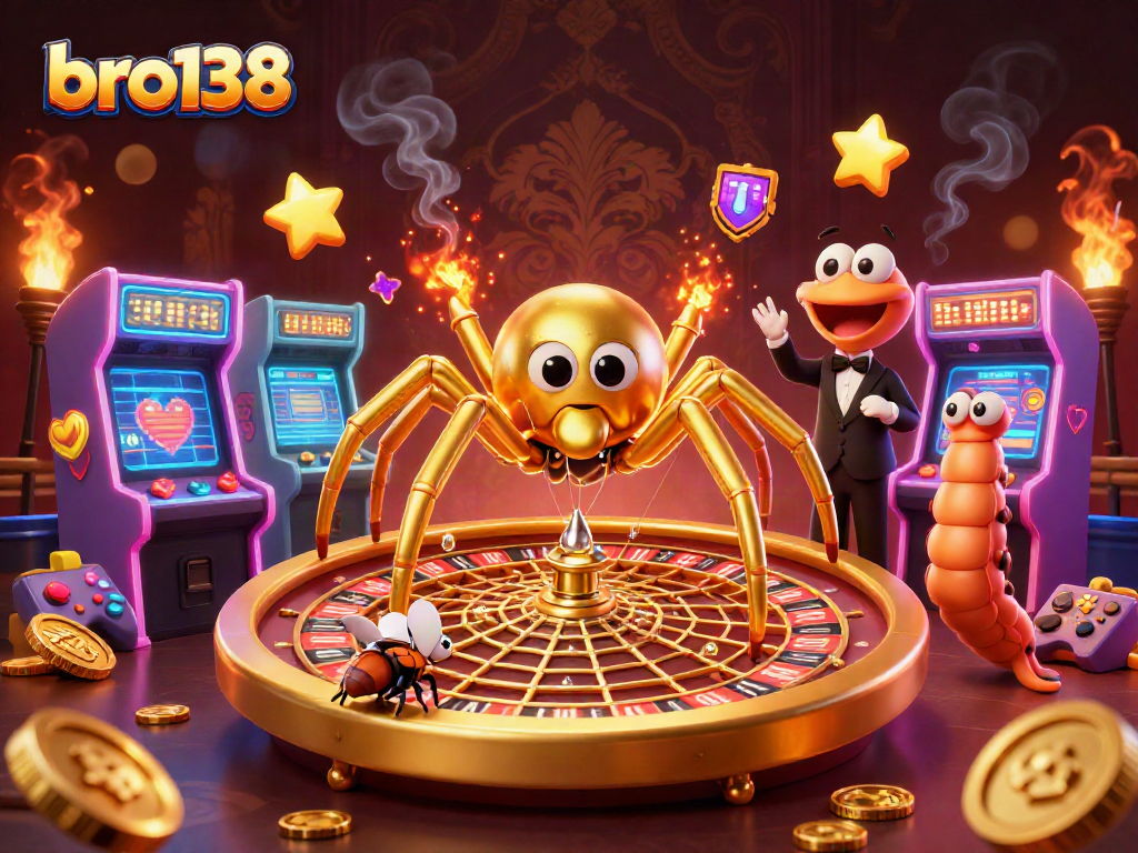 Place bets with bro138 in a vibrant casino scene featuring a spinning roulette wheel and colorful game elements.