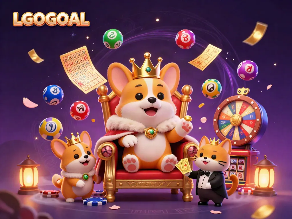 Engage with LGOGOAL's vibrant gaming world featuring a royal corgi on a poker chips throne amidst lottery fun.