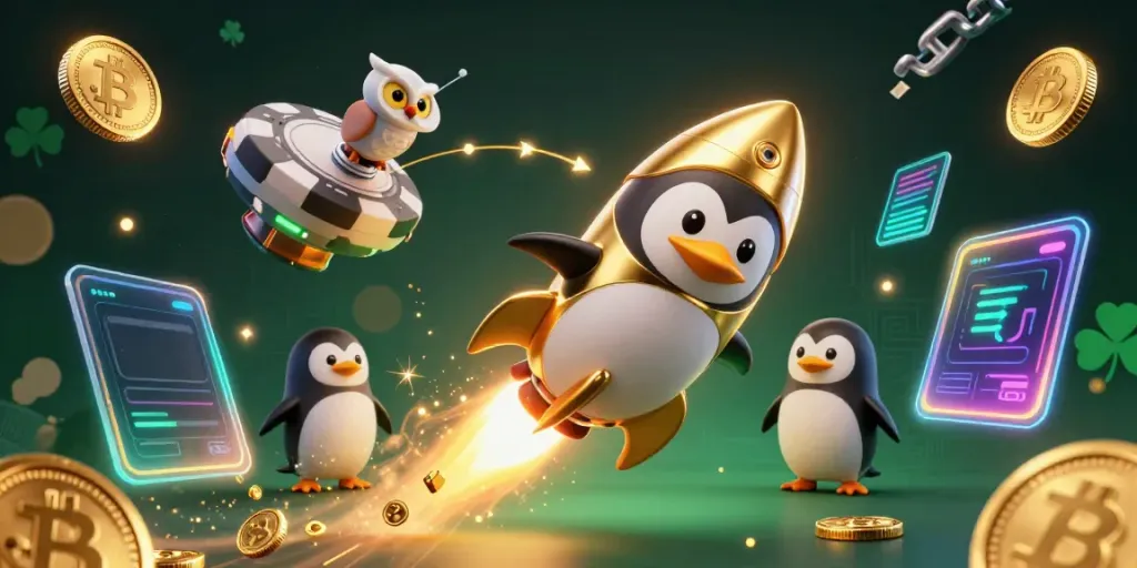 Engage in the thrill of gambling depicted by a penguin launching toward a casino station in an illustration for mitchell-food-drink.