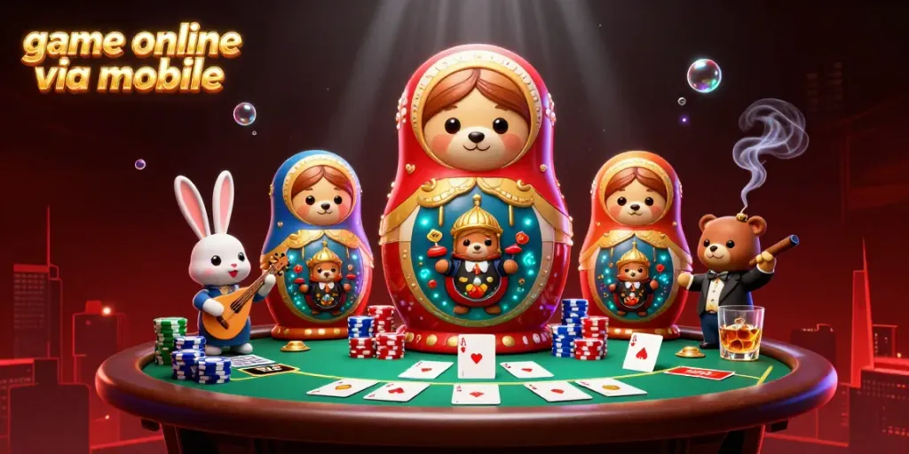 Experience game online via mobile with a vibrant scene featuring 3D Matryoshka bears and casino elements.