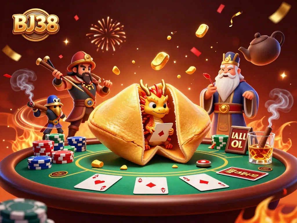 Engage with BJ38's thrilling casino scene featuring dynamic poker elements and a fortune cookie adventure.