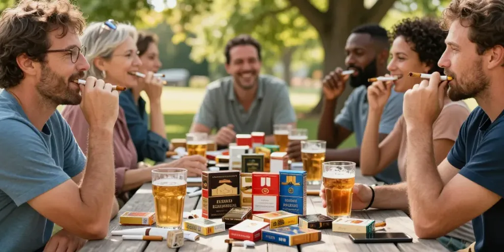 Top smoke cigarettes and tobacco wholesale featured in a vibrant outdoor gathering with diverse adults enjoying premium tobacco.