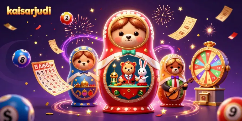 Engage with kaisarjudi in a vibrant casino scene featuring Matryoshka bears and lottery elements.
