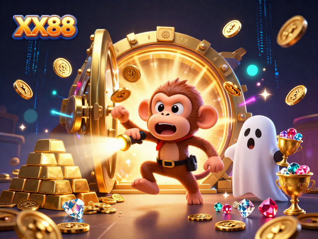 Experience the thrilling allure of XX88 casino with a mischievous monkey and a ghost-hunter puppy in action.