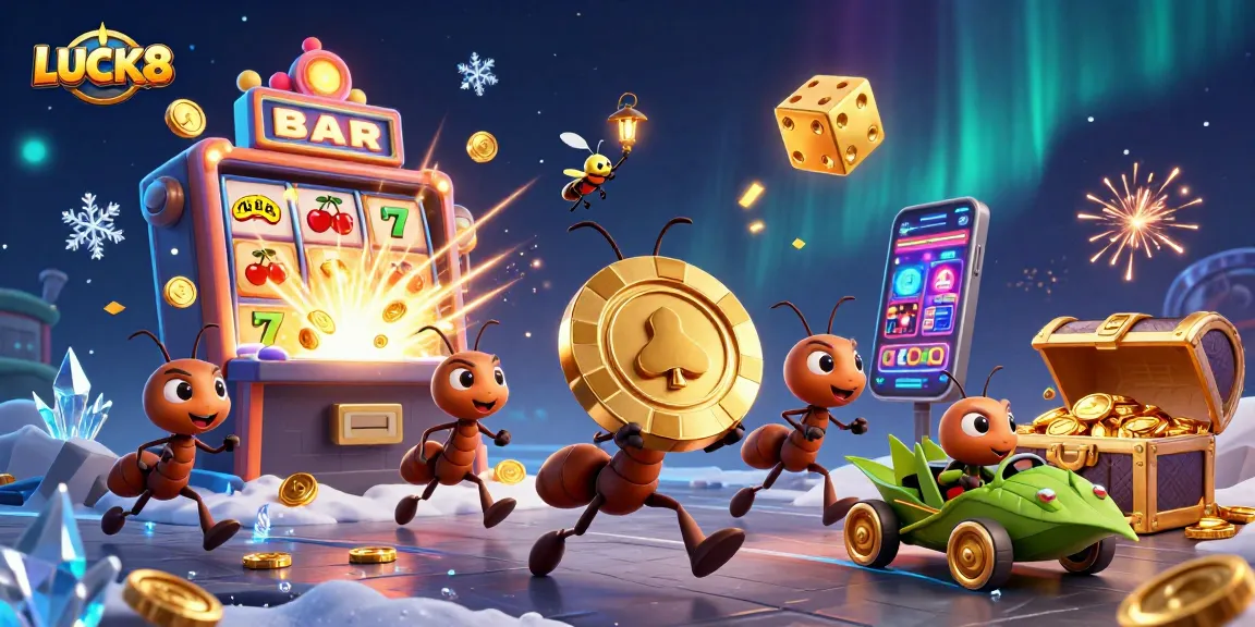 LUCK8 đắm chìm trong bối cảnh các chú kiến 3D thực hiện vụ cướp phiêu lưu với chip poker vàng khổng lồ.