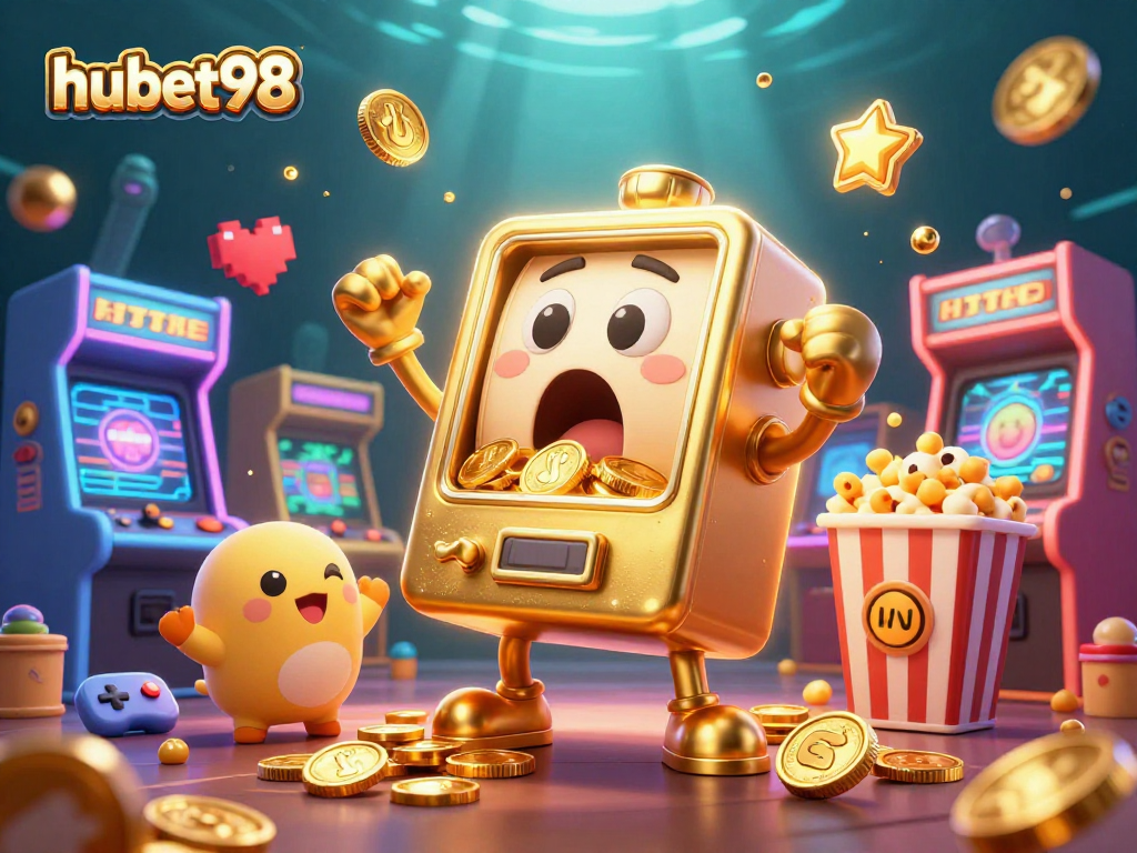 Experience excitement in hubet98 as a golden slot machine hits a jackpot, coins flying everywhere in a vibrant casino scene.
