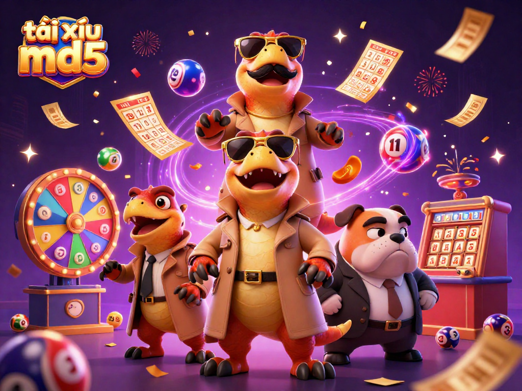 Engage with tài xỉu md5 in a vibrant VIP casino scene featuring playful raptors and festive game elements.
