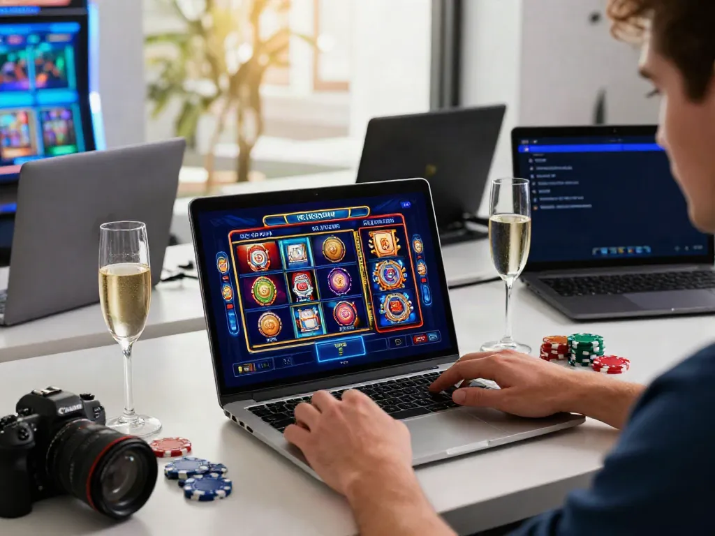 Erlebe die aufregenden Angebote bei Ica Casino Österreich mit Spielern am Laptop und eleganten Casino-Accessoires.