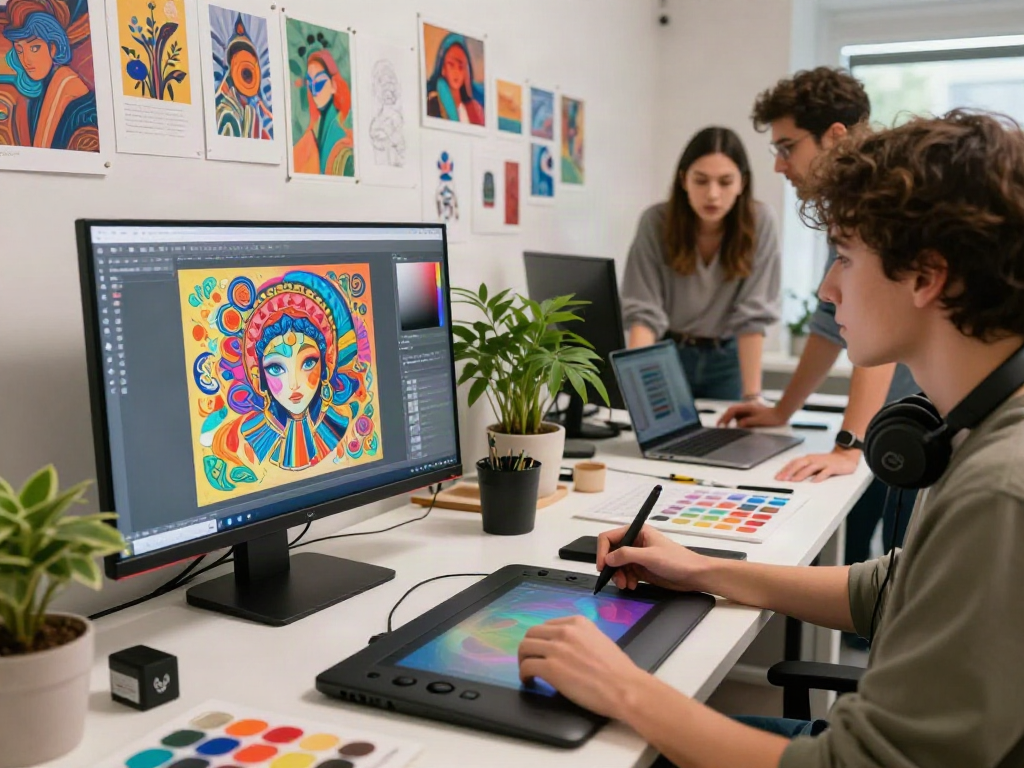 AI porn generator scene with artists creating vibrant digital art in a modern studio.