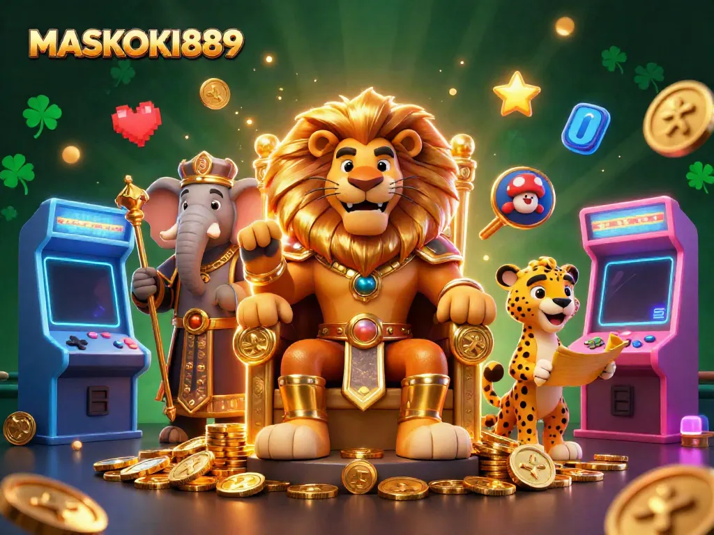 Engage with MASKOKI889 under the throne of a lion king amidst vibrant casino elements.
