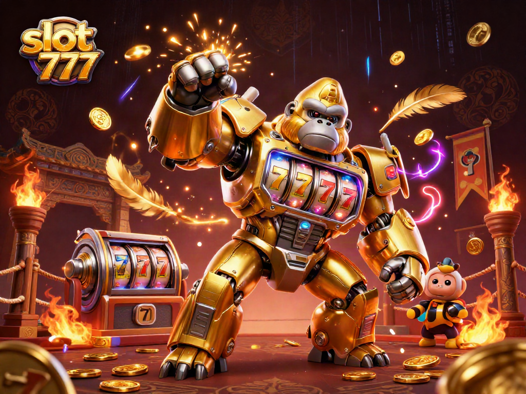 Experience thrilling excitement with slot 777 as a golden gorilla mech bursts through, coins flying everywhere.