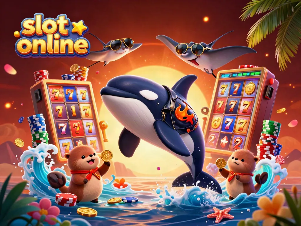 Engaging scene of slot online adventure with a cartoon orca, stingray, and sea otters in a vibrant casino setting.