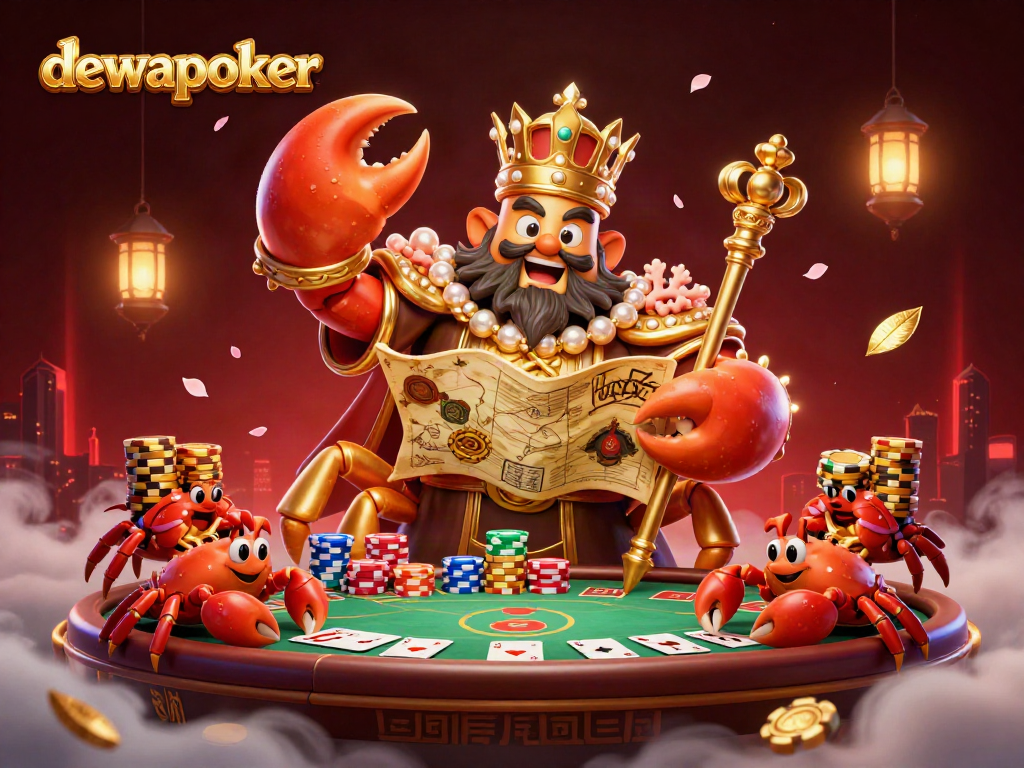 Engage with dewapoker by exploring vibrant poker action with a golden crab emperor amidst dynamic gaming elements.