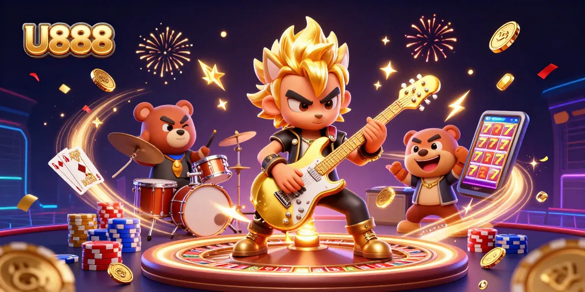 U888 showcases an energetic casino scene featuring a rock star wolf and a drummer bear amidst golden coins and a roulette wheel.
