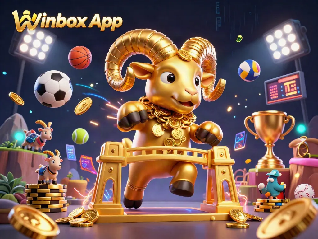 Experience the thrilling action of the Winbox App with a 3D golden ram charging through a vibrant casino scene.