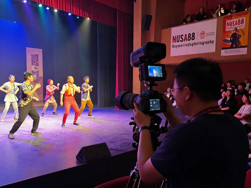 Fotografi profesional teater NUSA88 dengan pencahayaan dramatis yang menunjukkan kerjasama seni visual.