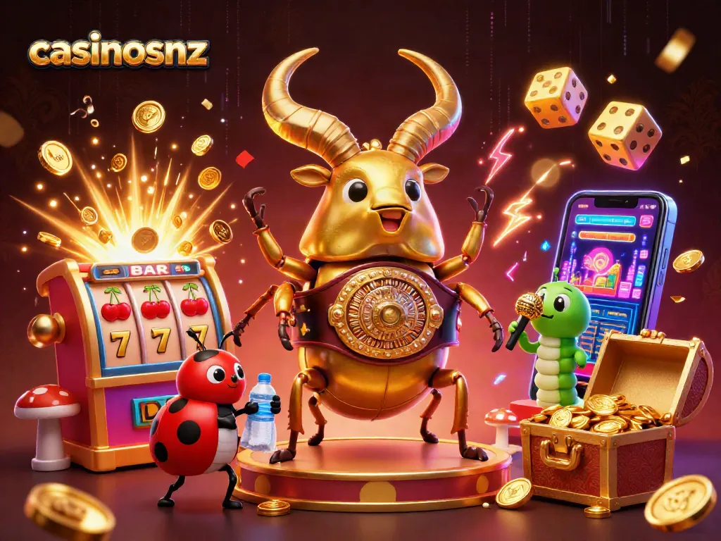 casinosnz showcases a vibrant 3D illustration of a golden stag beetle in a boxing match amidst a dynamic casino scene.