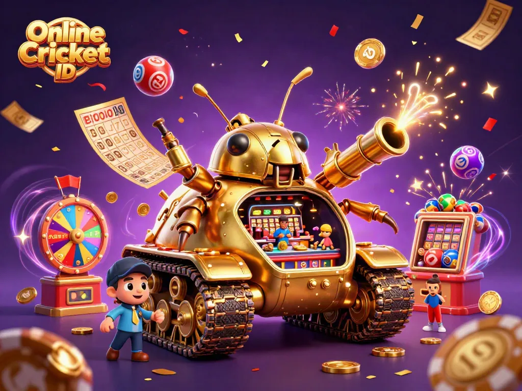 Engaging scene showcasing an Online Cricket ID with dynamic casino elements, colorful lottery balls, and festive confetti.