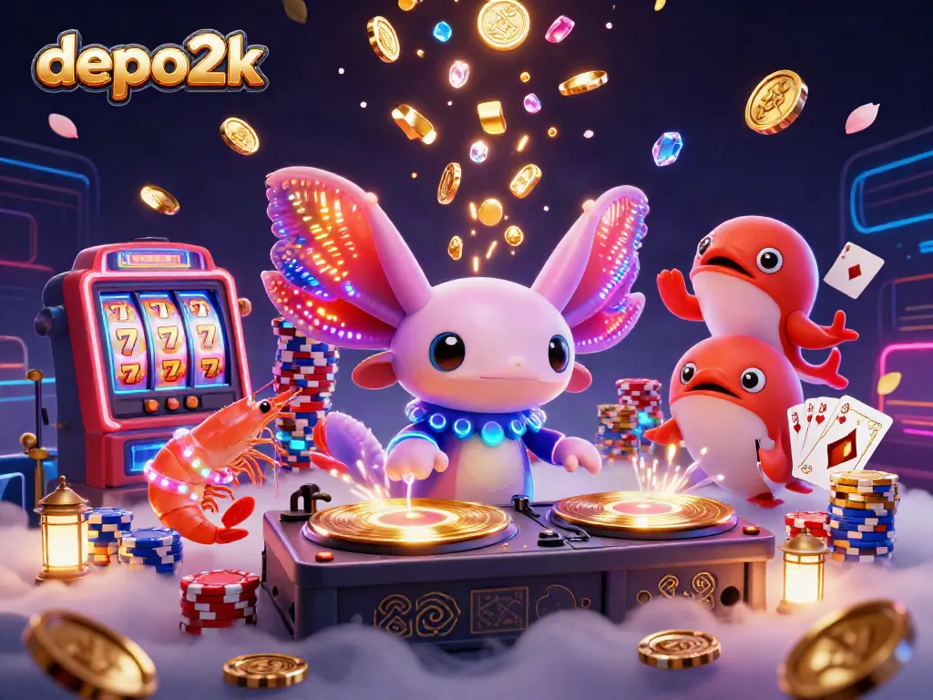 Spin with depo2k's vibrant casino scene featuring a neon axolotl DJ and lively creatures.