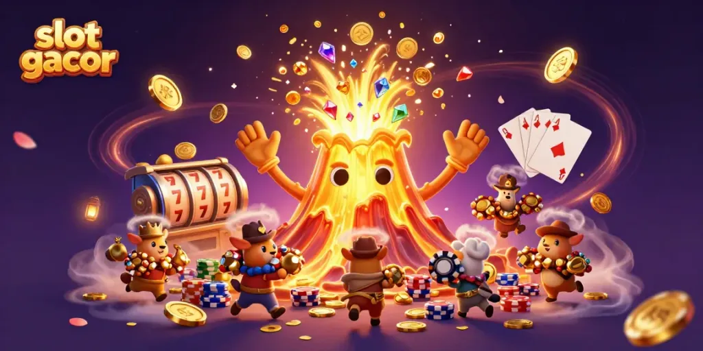 Experience slot gacor action with a vibrant golden volcano erupting treasure in this 3D illustration.