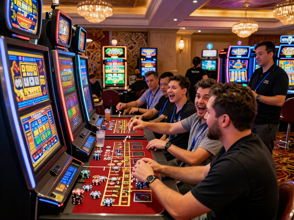 Slot7000 mesin permainan kasino ramai dengan pemain bersenang-senang dan suasana cerah.