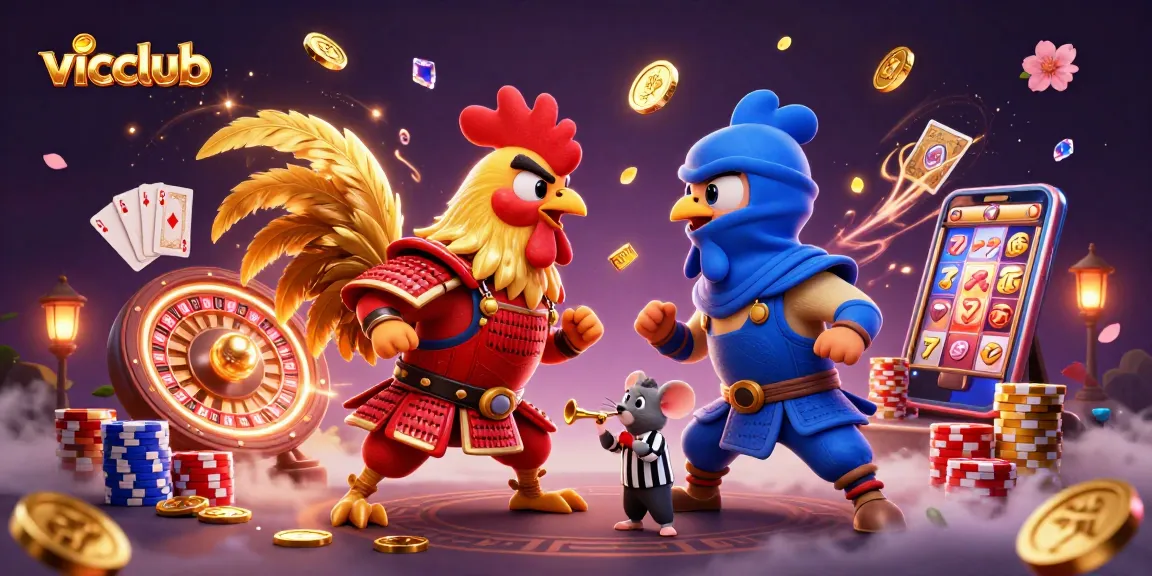 Experience thrilling battles at vicclub featuring samurai and ninja roosters in a vibrant casino scene.