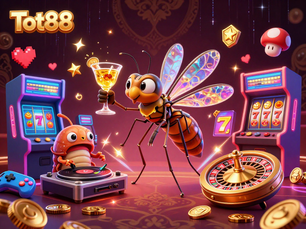 Engage with Tot88 as a vibrant casino mascot among dynamic gaming elements and colorful machines.