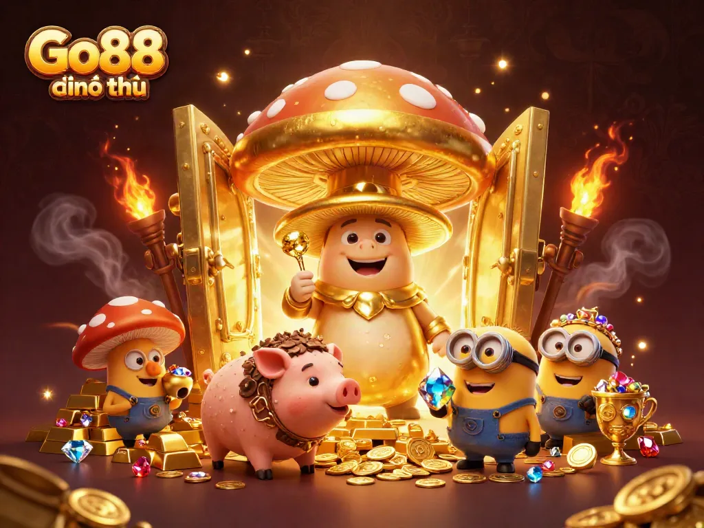 Experience the magic of Go88 chính thức with a golden mushroom wizard and treasure.
