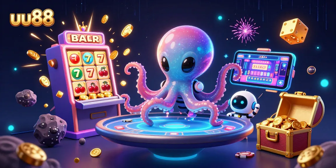 uu88 alien octopus playing poker at a floating table with vibrant casino elements