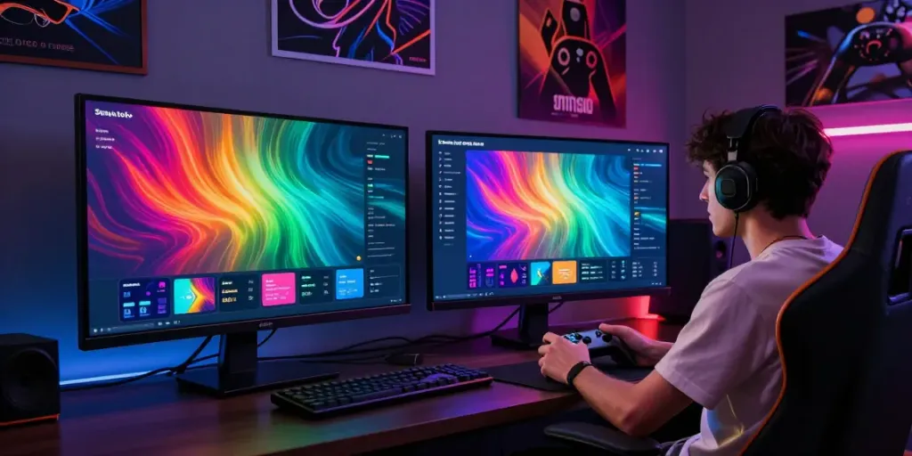 Engaged player using situs singatoto gaming dashboard with vibrant statistics.