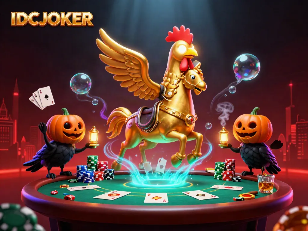 Play thrilling games at IDCJOKER, with golden rooster and crow companions amidst poker excitement.